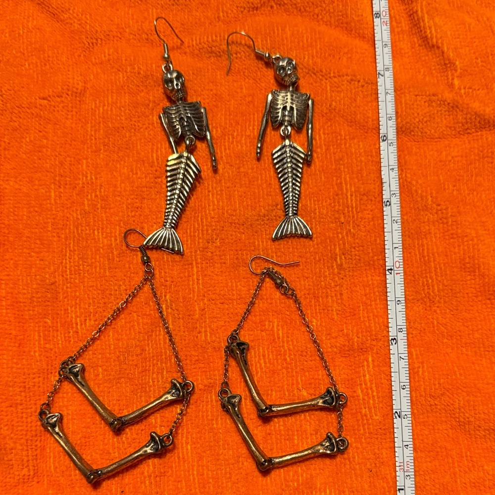 Two(2) bundle Silver Skeleton Mermaid & bones copper Earrings